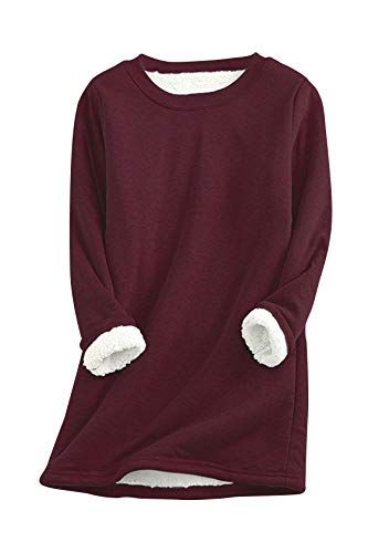 EFOFEI Damen Polarfleece Oberteil Zuhause Bequemes Warmes Top Rundhalsausschnitt Top Einfarbiger Pullover Rotwein M von EFOFEI