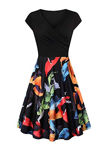 EFOFEI Damen Printed Dress Wickelkleid mit V-Ausschnitt Knielanges Kleid Schwarz L von EFOFEI