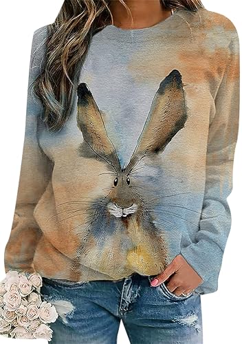EFOFEI Damen Pullover Langarm Pullover Ostern Langarm Farbe Block Shirt Kaninchen Muster Sweatshirt Blau Orange 4XL von EFOFEI
