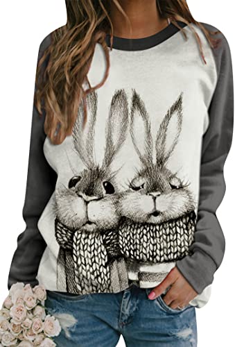 EFOFEI Damen Pullover Ostern Oversized Bedruckter Pullover Lässig Langarm Pullover Zwei Hasen Grau M von EFOFEI