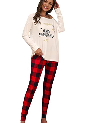 EFOFEI Damen Pyjama Schlafanzug Lang Zweiteilige Nachtwäsche Hausanzug Sleepwear Aus Baumwolle Langarm Rundhalsausschnitt Mit Karierte Hose Weiß 3XL von EFOFEI