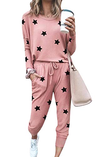 EFOFEI Damen Pyjama Set Oberteile & Pyjamahosen Sportanzug Trainingsanzug Mode 2 Teiliger Trainingsanzug Drucken Pyjama Set Nachtwäsche Weich Rosa Stern XL von EFOFEI