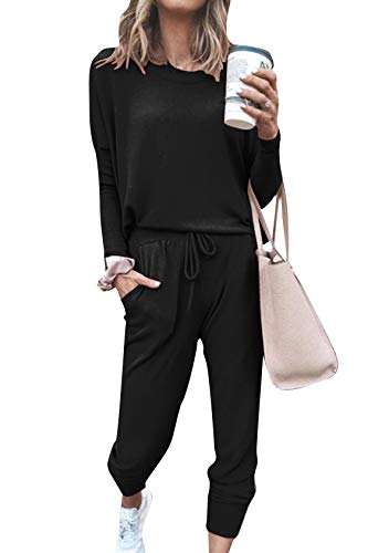 EFOFEI Damen Sportpyjama Set Loungewear Mit Taschen Schlafanzug Lang Pyjama Set Trainingsanzug Tracksuit Pyjama Set Oberteile & Pyjamahosen Schwarz S von EFOFEI