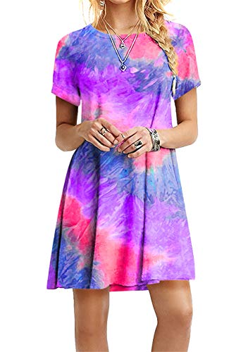 EFOFEI Damen Regenbogen T-Shirt Kleid Bequemes Kurzarm Krawatte Druck Tunika Kleid Krawatte Färben Lila M von EFOFEI