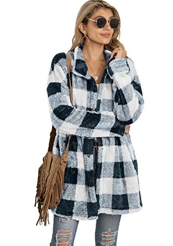 EFOFEI Damen Retro Basic Gitter Jacke Baggy Check Bluse Stand Kragen Strickjacke Plaid Plüsch Fleece Jacke Winter Langarm Fleece Kariert Shirt Schwarz+Weiß XXL von EFOFEI