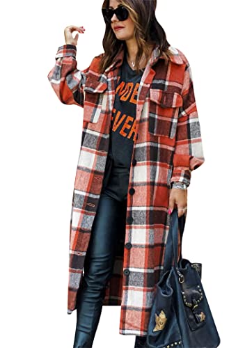 EFOFEI Damen Retro Karo Basic Jacke Brusttaschen Jacke Mantel Übergangsjacke Karomuster Langshirt Oversized Karo Hemdbluse Orange XL von EFOFEI