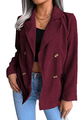 EFOFEI Damen Retro Vintage Cord Blazer Warmer Langer Anzug Strickjacke Einfarbig Büro Strickjacken Weinrot S von EFOFEI