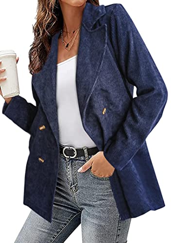 EFOFEI Damen Revers Arbeit Büro Jacken Langarm Sportlich Longblazer Übergangsjacke Oberbekleidung Leichte Oversize Hemd Cordjacke Navy Blau M von EFOFEI