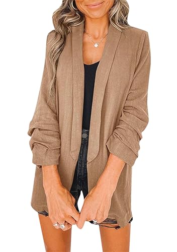 EFOFEI Damen Revers Offener Anzugmantel Einfarbiger Anzugkragen Schmal Geschnittener Langarm Blazer Büroarbeits Blazer Jacke Braun M von EFOFEI