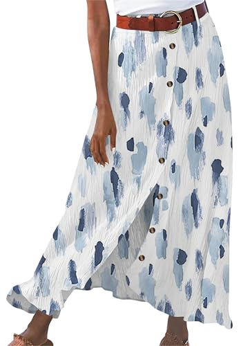 EFOFEI Damen Rock Flowy Swing Long Rock Loose High Waist Button Down Rock High Waisted Pleated Maxi Rock Graffiti Blau M von EFOFEI