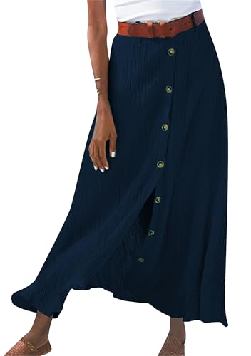 EFOFEI Damen Rock Mit Hoher Taille Und Knopfleiste Hochtaillierter Faltenrock Maxirock Flowy Leichtgewicht Mit Schlitz Strandrock Marineblau XXL von EFOFEI