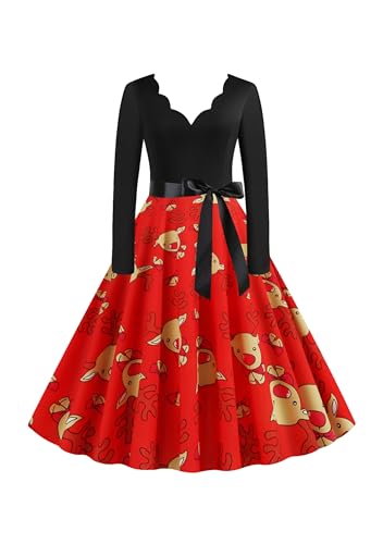 EFOFEI Damen Rockabilly Kleid Elegante Lange Kleid Frauen Sommer Festliche Damenkleider Knielang Vintage Bodycon Abend Party Prom Swing Dress Rot XXL von EFOFEI
