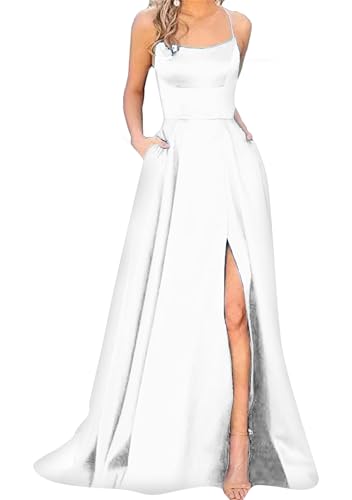 EFOFEI Damen Rückenfreie Spitze-Up Saum Geteilte Kleider Spaghetti-Träger Satin Brautjungfernkleider Meerjungfrau Schlitz Formelles Abendkleid Weiß XS von EFOFEI