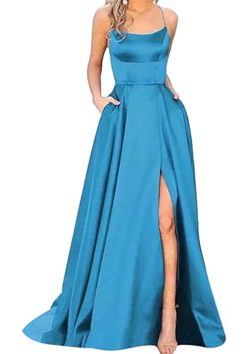 EFOFEI Damen Rückenfreie Spitze-Up Saum Split Kleider Rückenfrei Prom Hochzeitskleider Meerjungfrau Schlitz Formelle Abendkleid Himmelblau XS von EFOFEI