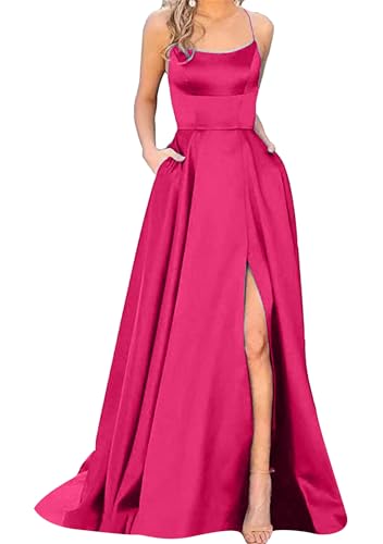 EFOFEI Damen Rückenfreies Spitze-Up Saum Geteilte Kleider A-Linie Schlitz Formelles Partykleid Spaghetti-Träger Satin Brautjungfernkleider Rose Rot XS von EFOFEI