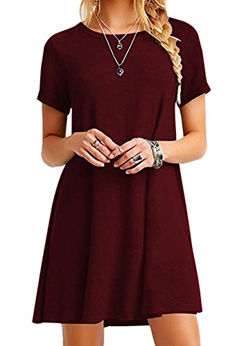 EFOFEI Damen Rüschen Kleid Einfaches Shirt Kurzarm Kleid Crewneck Kleid Weinrot 3XL von EFOFEI