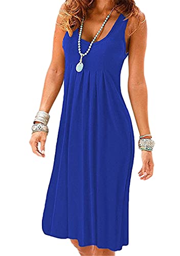 EFOFEI Damen Rundhals Strandkleider Urlaubskleid Ärmellos Freizeitkleid Loose Fit Blumen Midikleid Faltenrock Lässige Strandkleid Königsblau M von EFOFEI