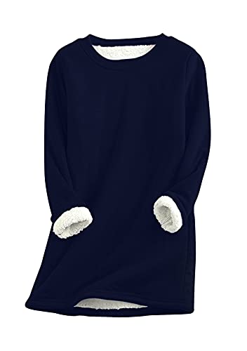 EFOFEI Damen Rundhalsausschnitt Einfarbiger Pullover Lässiger Dicker Winterpullover Winter Warme Sweatshirt Navy blau S von EFOFEI