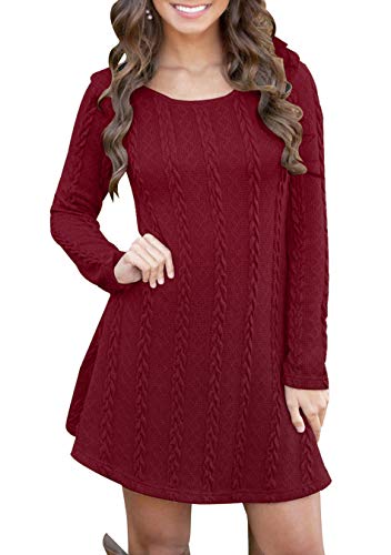 EFOFEI Damen Rundhalsausschnitt Langarm Kleid Tunika Casual Pullover Kurzes Kleid Rot 2XL von EFOFEI