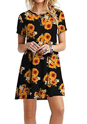 EFOFEI Damen Rundhalsausschnitt Sommerkleid Lockeres Kleid Floral Boho Minikleid Schwarz M von EFOFEI