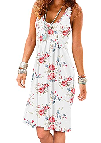 EFOFEI Damen Schicke Sommer Kleid Casual Sommerkleid Urlaubskleid Ärmellos Freizeitkleid Shirtkleider Weiße Rose XS von EFOFEI
