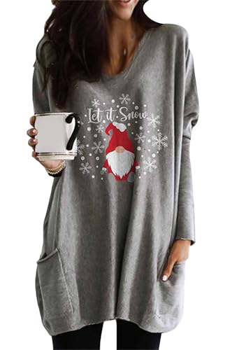 EFOFEI Damen Schlankes Oberteil mit Langen Ärmeln Rundhals Weihnachtspullover Sweatshirt WeihnachtsMuster Top Weihnachtsmann Grau S von EFOFEI
