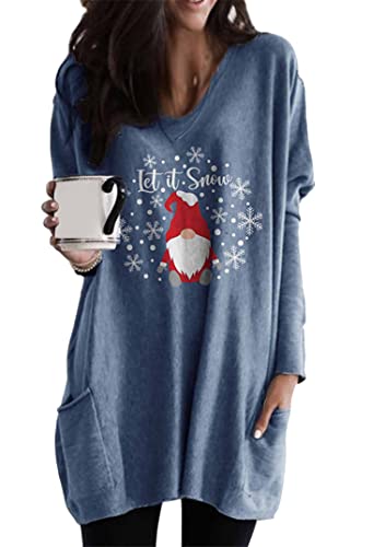 EFOFEI Damen Schlankes Oberteil mit Langen Ärmeln Rundhals Weihnachtspullover Herbst Winter Sweatshirt Weihnachtsweinglas Muster Top Weihnachtsmann Blau 3XL von EFOFEI