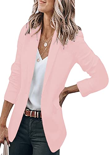 EFOFEI Damen Schmal Geschnittener Langarm Blazer Kurz Mantel Anzüge Mit Tasche Einfarbig Slim Fit Sakko Rosa S von EFOFEI