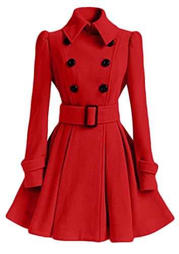 EFOFEI Damen Schnalle Frühling Mittellange Jacke Gebrusteter Erbsenmantel Style Outwear Revers Wrap Outwear mit Taschen Rot S von EFOFEI