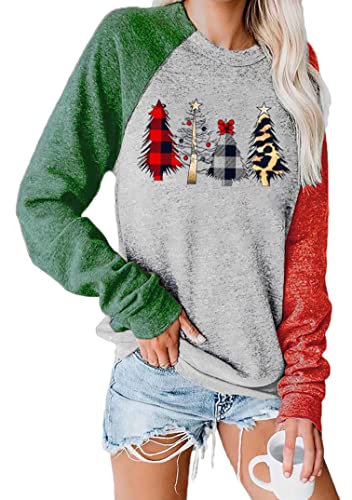 EFOFEI Damen Schule Party Tops Bluse Winter All Match Warm Pullover Rundhals Weihnachtsbaum Sweatshirt Rot Grün XL von EFOFEI