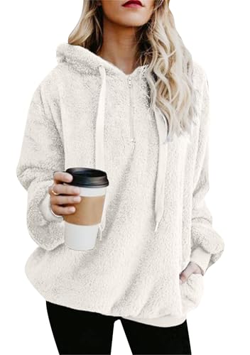 EFOFEI Damen Seitentasche Flauschig Teddy Fleece Winterpullover Langarm Kapuzenpullover Oversize Weicher Plüschpullover Aus Polarfleece Weiß M von EFOFEI