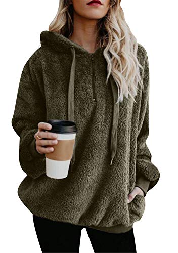 EFOFEI Damen Seitentasche Flauschig Teddy Fleece Winterpullover Warm Weich Hoodie Mädchen Pullover Herbst Winter Warm Oberteil Kapuzenpullover Armeegrün XL von EFOFEI