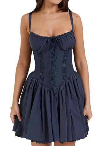EFOFEI Damen Seitlicher Reißverschluss Spitze Formales Kleid Niedrig geschnitten Flowy Plissee Formales Kleid Tie Up Kurzer Tank Mini Rüschen Kleid Marineblau L von EFOFEI