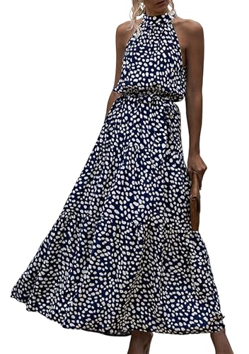 EFOFEI Damen Gepunktes Langes Kleid Partykleid Cocktailkleid Strandkleid Business Casual Kleid Gepunktetes Blumenkleid Punkt Königsblau M von EFOFEI