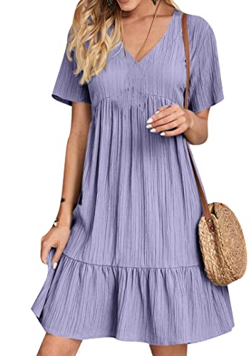 EFOFEI Damen Slightly Vertical Pleated Kleid A Linie Swing Kleid Sommer Lose Passform Freizeitkleid Lavendel Lila S von EFOFEI