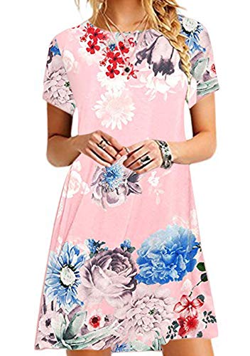 EFOFEI Damen Slim Kleid Sommerkleid Tunika Blumendruck Rundhals Kleid Pink 2XL von EFOFEI