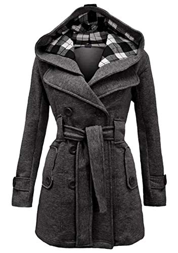 EFOFEI Damen Slim Zweireiher Trenchcoat Winter Jack Mit Kapuze Trenchcoat Dunkelgrau L von EFOFEI