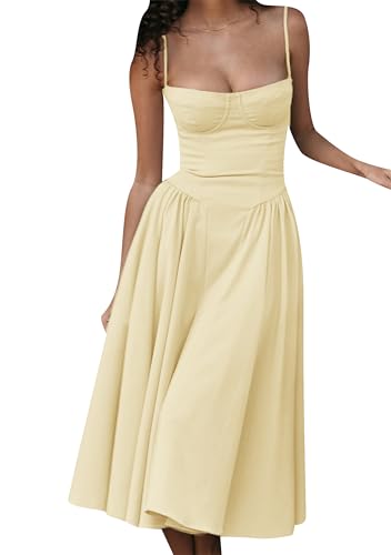 EFOFEI Damen Sommer Beach Flowy Kleid Hochzeit Gastkleider Low Cut Rückenfrei A-Linie Kleid Hellgelb XL von EFOFEI