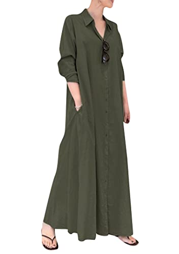 EFOFEI Damen Sommer Casual Kleid Mit Fließendem Plissee Saum Tailliert Elegantes Langes Kleid Täglich Arbeit Formelle Kleidung Kleider Army Grün 5XL von EFOFEI