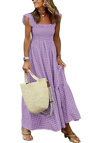 EFOFEI Damen Sommer Retro Plaid Kleider Gesmokte Oberweite Kleid Kariert Flowy Maxi Kleid Violett L von EFOFEI