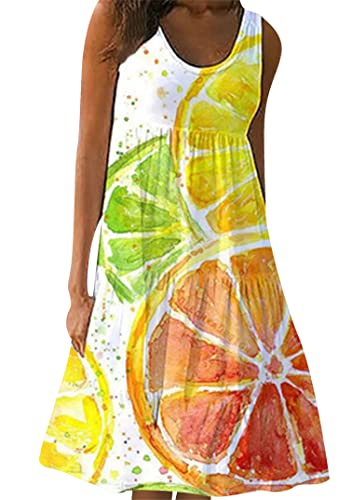 EFOFEI Damen Sommer Rüschen Tank Kleider Urlaub Niedlich Mode Kleid Ärmellos Strand Swing Kleid Lässig Scoop Neck Plissiert Sonnenkleid Zitrone S von EFOFEI