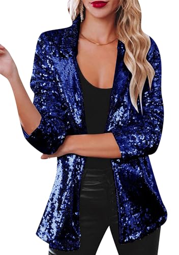 EFOFEI Damen Sommer Slim Pailletten Jacke Glitter Sparkly Classic Mantel Glitzer Sparkle Sommermantel Blau M von EFOFEI
