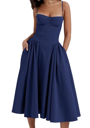 EFOFEI Damen Sommer Strand Swing Cami Kleid Ärmellos Korsett Fit Midi Kleid Spaghettiträger Sonnenkleid Navy Blau L von EFOFEI