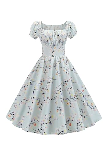 EFOFEI Damen Sommer Vintage Causal A Linie Kleid Klassisches Swing Partykleid Hellblau L von EFOFEI