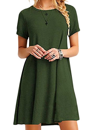 EFOFEI Damen Sommerkleid Kleid Kurzarm lose Kleid Plain Kleid Armeegrün S von EFOFEI