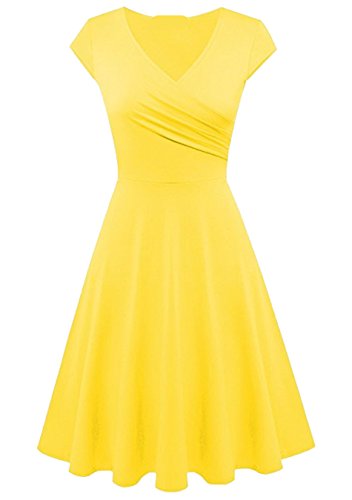 EFOFEI Damen Wickel Ausgestelltes Kleid Abend Party Cocktailkleid Strand Urlaub Sommerkleid Gelb L von EFOFEI