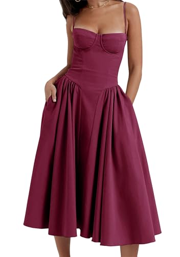 EFOFEI Damen Spaghetti Strap Sunkleid Kleid Solid Color Print Bustier Kleid A Line Kleid Mit Taschen Dunkelrot S EFOFEI Damen Spaghetti Strap Sunkleid Kleid Solid Color Print Bustier Kleid A Line Kleid Mit Taschen Dunkelrot S von EFOFEI