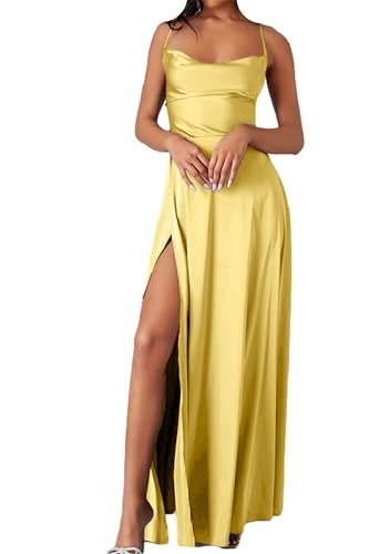 EFOFEI Damen SpaghettiTräger Satin Promkleid SpaghettiTräger Lange Kleider Wickel Brautjungfernkleid Gelb S von EFOFEI