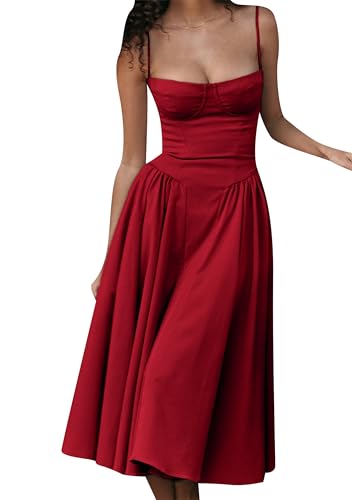 EFOFEI Damen Spaghettiträger Sonnenkleid Kleid Ärmellos Korsett Fit Midi Kleid Niedrig Geschnitten Rückenfrei A-Linie Kleid Rot L von EFOFEI
