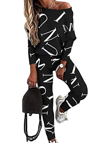 EFOFEI Damen Sportbekleidung Freizeitbekleidung Set Lang Nachtwäsche Hausanzug Langarm Pullover Und Kordelzughose Pyjama Set Schlafanzug Langarm Schwarz XXL von EFOFEI